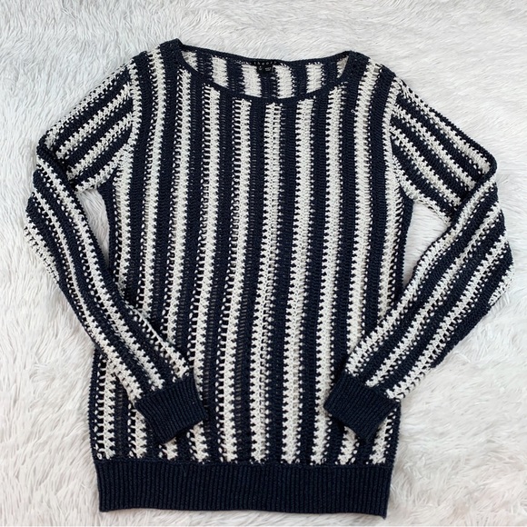Theory long sleeve boat neck striped open knit sweater pullover white blue - Picture 1 of 6